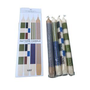 Hay Pattern Candle Set Of 4 Taper Off-White Army Green Blue 9.5" Tall New in Box